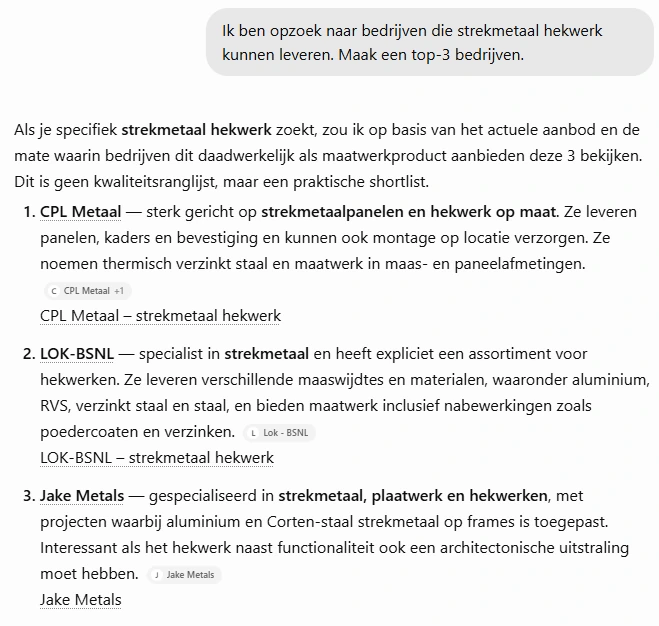 ChatGPT-antwoord waarin CPL Metaal als eerste wordt genoemd bij een vraag naar strekmetaal hekwerk.