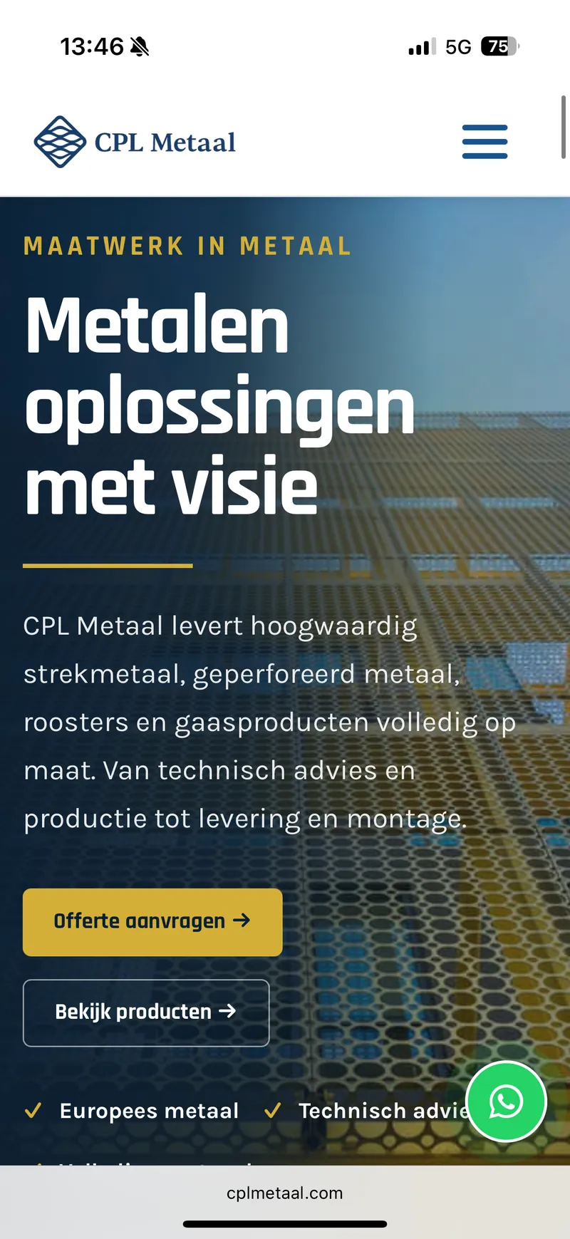 Mobiele homepage van CPL Metaal met hero over metalen oplossingen op maat.