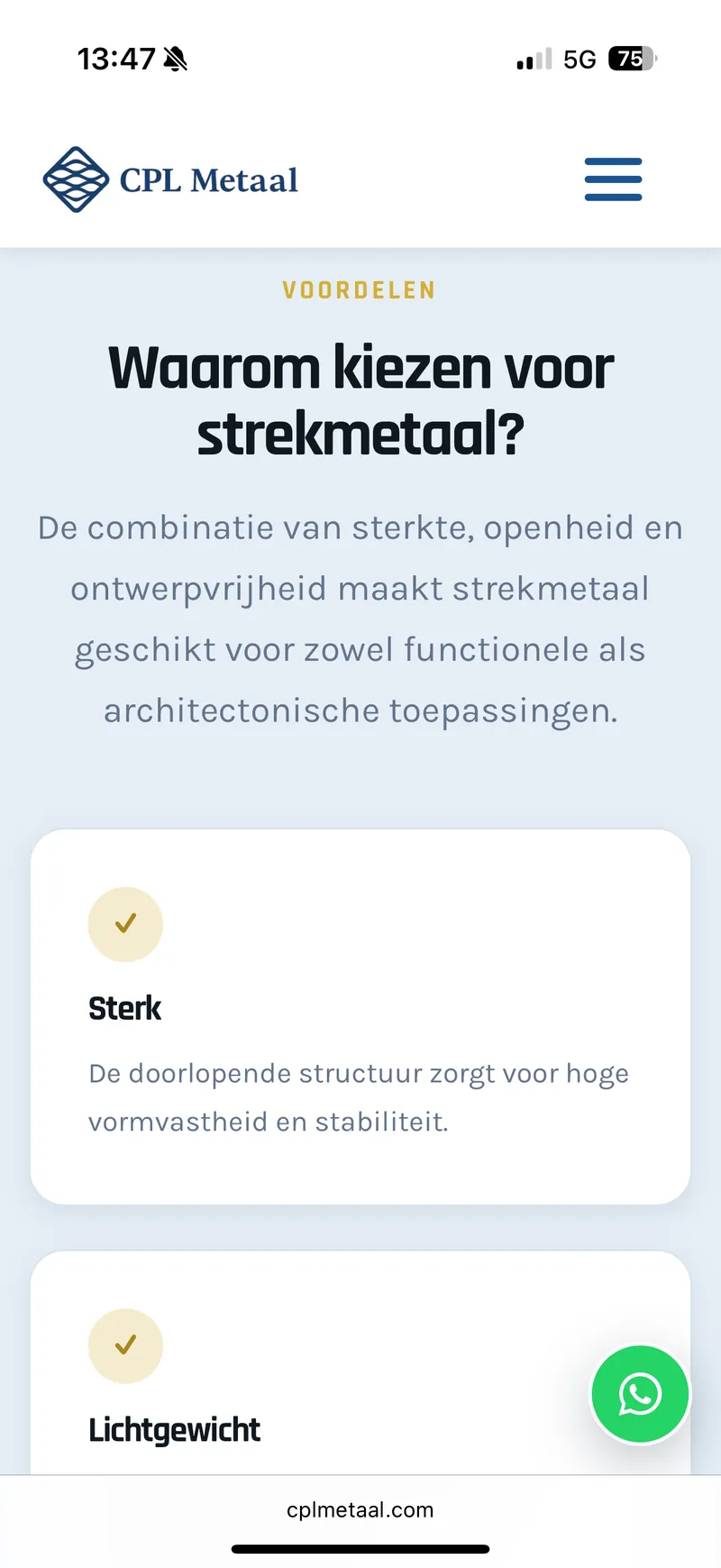 Mobiele CPL Metaal-pagina met voordelen van strekmetaal in overzichtelijke kaarten.
