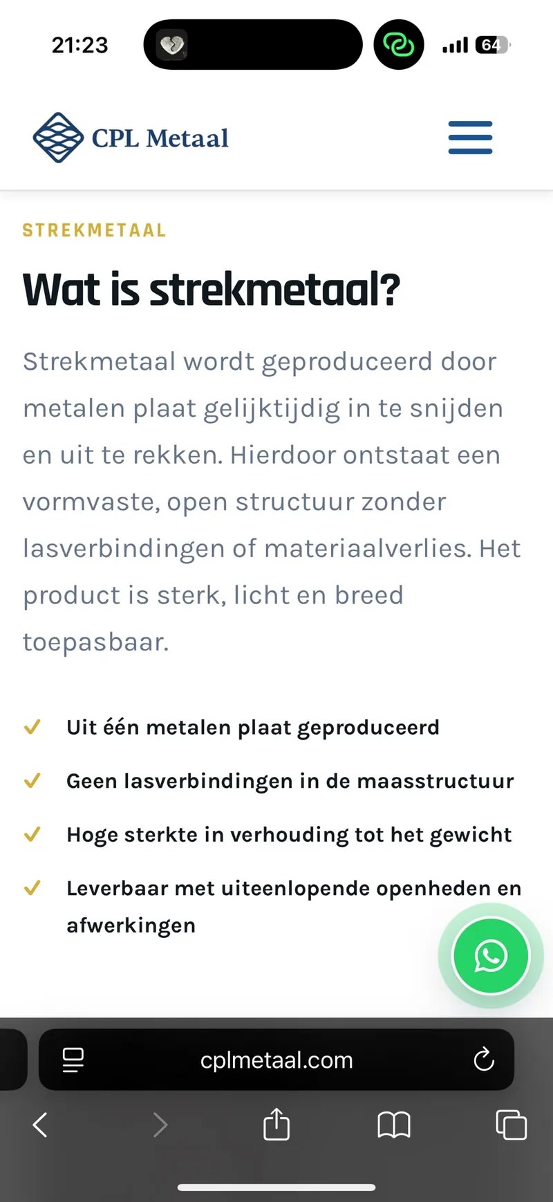Mobiele CPL Metaal-pagina met uitleg wat strekmetaal is en technische voordelen.